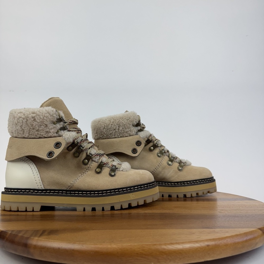 New Womens See By Chloe Eileen Shearling Lined Beige Suede Ankle Booties Size 36
